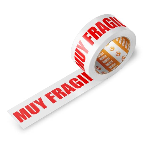 Cinta de Embalar, Cinta Adhesiva Blanca con Texto 'MUY FRAGIL' en rojo, Cinta de Embalaje para Cajas Mudanza y de Envío, Transporta Cajas de Forma Segura, Cinta de Embalar 48 mm x 132 m - SIDI (1 ud)