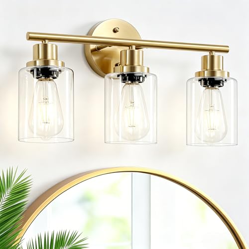 Image of 3-Light Brushed Gold Vanity Lights, E26 Modern Bathroom Light Fixtures with Clear Glass Shade, Wall Lamps for Mirror Kitchen Hallway Cabinet Living Room Sconces Lights