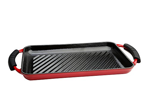 Wecook Iron Parrilla Plancha Rayas Bandeja Hierro Fundido Esmaltada roja libre PFOA, inducción, rectangular 22x40 cm, Apta todas fuentes de calor, horno y barbacoas