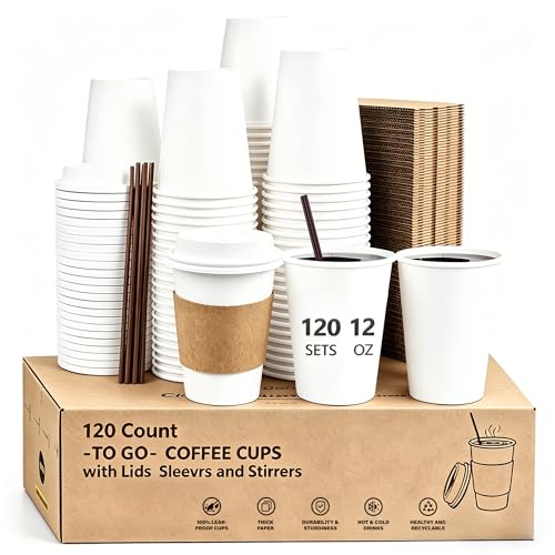WOWSOLID 120 Pack 12 oz Leak-Proof Coffee Cups with Lids Sleeves and Stirrers Disposable To Go Hot Travel White Paper Cups Hot Chocolate Cocoa Tea for Home Cafes Coffee Bar