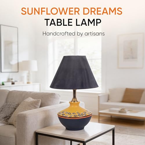 Image of AAKRITI ART CREATIONS Terracotta Table Lamp for Study Room, Bedroom & Living Room Decoration | Floral Dual Tone Contemporary Bedside Lamp with Cotton Fabric Shade | Aesthetic Night Lamp
