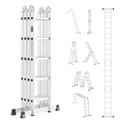 VEVOR Multi-Purpose Folding Ladder, 7-in-1 Tall Extension Step Ladder, A Frame 5 Step Telescoping Ladder, 19ft Reach Height Heavy Duty Adjustable Ladder, 330 lbs Capacity for Home Outdoor Metal