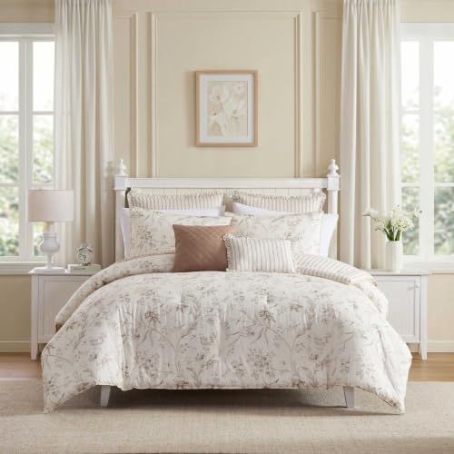Image of Laura Ashley - Reversible Cotton King Comforter Set with Sham & Pillows | 100% Cotton, Polyester Fill, Includes 2 Shams, 2 Euro Shams & 2 Throw Pillows, Reversible, Machine Washable