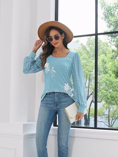 Womens Lace Sleeve Tops Fall Shirts Casual Loose Square Neck Button Blouses3