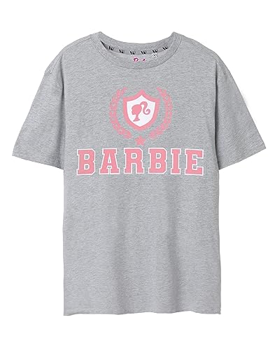 Image of Barbie Womens T-Shirt | Grey Marl with Pink Collegiate Crest Logo Graphic Tee for Ladies | Retro Short-Sleeved Fashion Top | Doll Casual Oversized Graphic Tee Movie Merchandise Gift