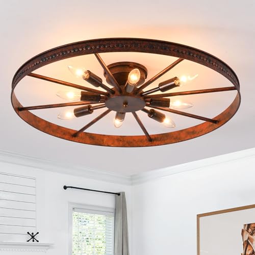 Modxian Farmhouse Ceiling Light Red Rust Metal Dining Room Flush Mount Light Fixtures, 26.8' Rustic Living Room Lighting Fixtures Ceiling, E12 Ceilings Lamp for Kitchen (8-Light)