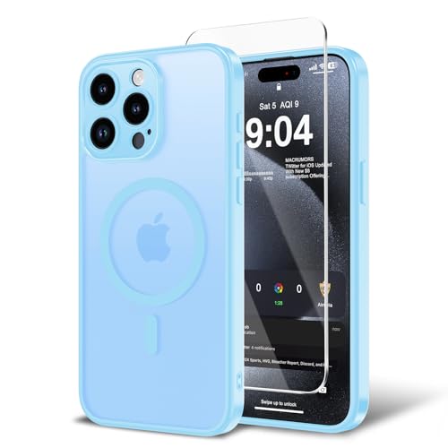 BPOASE Magnetic Case for iPhone 15 Pro Max with Screen Protector [Compatible with Magsafe] Ultra Slim Translucent Matte Shockproof Protection Phone Cover-Sky Blue