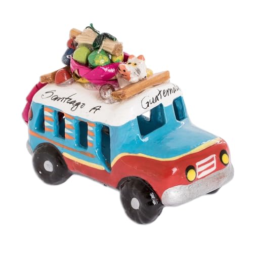NOVICA Handmade Mini Ceramic Sculpture Guatemala Red and Blue Bus