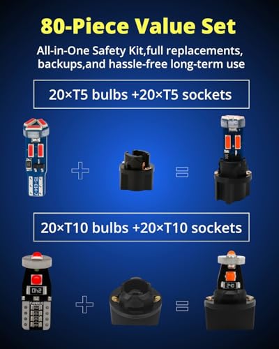 Image of WLJH 40 Pack Red T10 T5 LED Bulbs with Twist Sockets, 194 168 W5W 2721 74 | 4014 SMD, 300lm, Polarity-Free, Dimmable, for Dash Gauge Lights, Instrument Cluster, HVAC, Interior Dome Map, License Plate