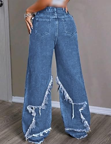 Teen Girls Y2K Denim Pants Baggy Wide Leg Ankle Casual Star Patchwork Hip Hop Streetwear Jeans Pants4