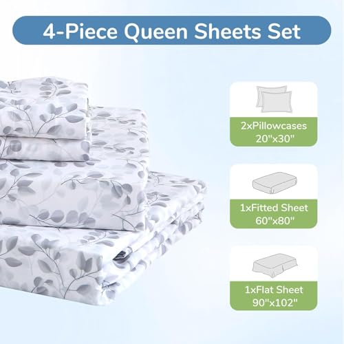 Image of MUXHOMO Queen Size 4 Piece Sheet Set, Soft Breathable Bed Sheet Set for Bedroom with Deep Pocket Up to 16 inch, Wrinkle-Free & Cooling Bedding for Oeko-TEX Certified - Grey Leaves