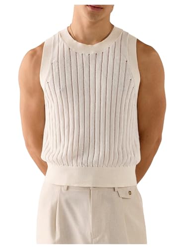 Men's Ribbed Knit Hollow Tight Sweater Vest Crewneck Sleeveless Knitted Tank Top