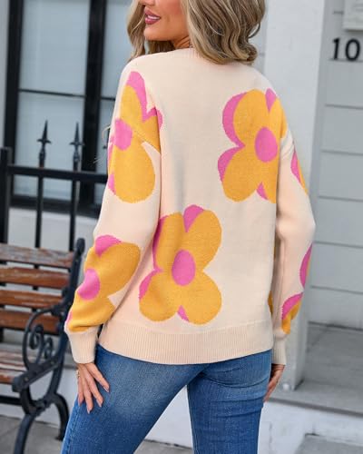 Image of Women's Long Sleeve Crewneck Floral Sweater Fall Casual Cute Oversized Knitted Pullover Jumper Top