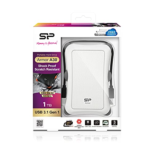 Disco duro externo 1TB Silicon Power A30 blanco de 2.5 pulgadas con conexión USB 3.0 5