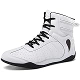 omcam Mens Womens Boxing Boots, Fashion Boxers Sneakers Breathable Leather Sparring Wrestling Fitness Shoes,White,5