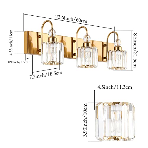 Image of Ralbay Brass Gold Bathroom Vanity Lights 3-Lights Brass Gold Crystal Vanity Lights Over Mirror Modern Crystal Brass Gold Bathroom Vanity Lighting Fixtures