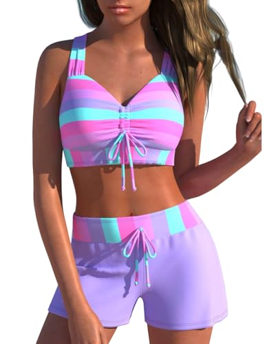 Image of KORADI Girls Swimsuits Two Piece Bathing Suit Bikini Sets Teen Cute Drawstring Tops Bikinis Boyshort Bottom 13-16 Years