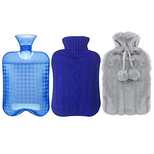 3pack Bolsa para Agua Caliente 2L con Funda Blanda y Funda de punto Extraíble Bolsa Hecho con Tela de Calidad y Caucho Hot Water Bottle Perfecto Invierno （Gris + 2 Azules）