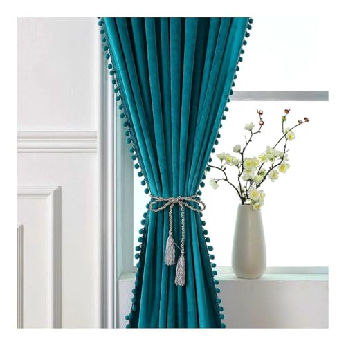 Image of aeTHEric Velvet Eyelet Door Curtains with pom pom Lace for Living Room Bedroom Kitchen 4 feet 2 pc