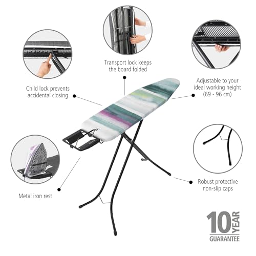 Image of Brabantia Compact Ironing Board with Left /Right Adjustable Steam Iron Rest | Small (Size A) | Fairtrade Morning Breeze Cover | Adjustable Height (27-38 inch), Easy Fold, Anti-Collapse Lock, Non-Slip Feet