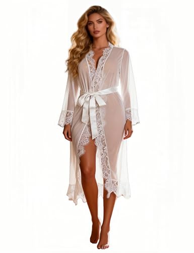 sunshinelady Peignoir Dentelle Femme Sexy Grande Taille Robe Kimono Nuisette Longue Transparente Robe de Chambre Chemise de Nuit Manches Longues avec Ceinture Lingerie Sexy Hot Chaude Blanc XL-XXL