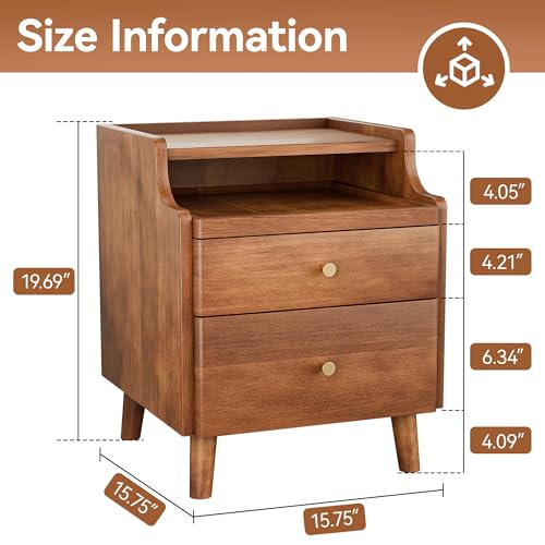 Image of Nightstand with Drawers, Pre-Assembled, 19.7 inch H Natural Solid Wood Night Stand with Open Sliding Shelf, Mid Century Modern Small Bedside Table Cabinet for Bedroom, Walnut, 16 inch