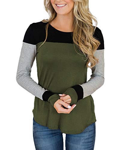 Tobrief Women's Casual Long Sleeve Shirts Round Neck Color Block Tunic Tops Blouses (L, Green)