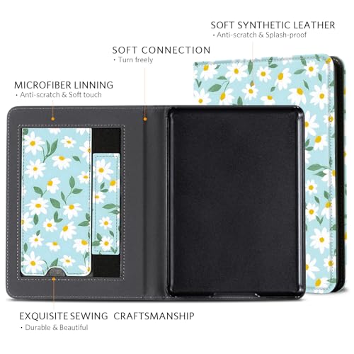 Image of CoBak Case for 6 inch E-Reader - PU Leather Smart Cover with Auto Sleep /Wake & Hand Strap, not Compatible with Kobo Clara,Blue Daisy