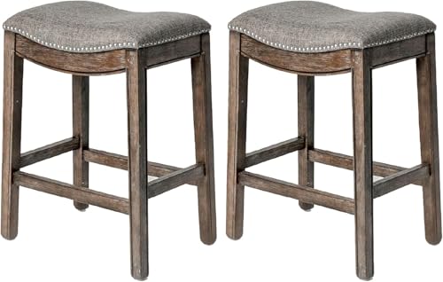 Image of Maven Lane Adrien Backless Counter Stool - Set of 2 - 26 Inches - Saddle Stool with Footrest - Brown Solid Wood Frame & Grey Fabric Upholstery - Perfect for Kitchen Islands & Counters