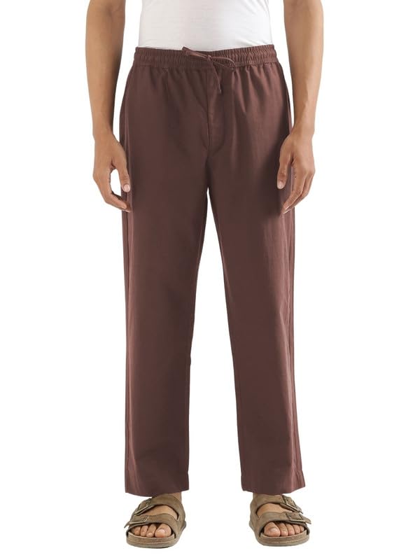 Image of SAADAA Men's 100% Cotton Pants | Mid-Rise Straight Fit Casual Trousers with Elastic Waistband and 3 Pockets | Everyday Wear