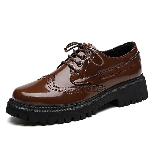 Image of Womens Vintage Oxford Shoes Platform Lace-up Round Toe Patent Leather Brogues Casual Oxfords for Girls Ladies Women