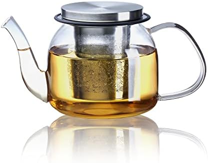 700 ML Glass Tea Pot with Removable Floral Carving Pattern Infuser, Stovetop, Microwave & Dishwasher Safe Tea Kettle, Heat Resistant Blooming Tea & Loose Leaf Tea Maker with Silver Lid - EILONG