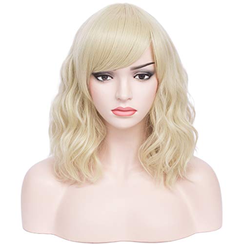 BERON 14Short Bob Curly Blonde Wig with Bangs for Women Halloween Cosplay Daily Use Synthetic Wig (New Blonde)