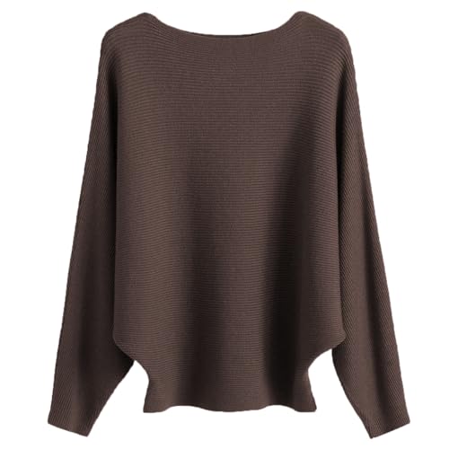 Cegerne Pull Femme Manches Chauve-Souris Élégant Oversize Pull à Manches Longues Sweatshirt Tricoté Haut Batwing Knitted Sweater, Café-