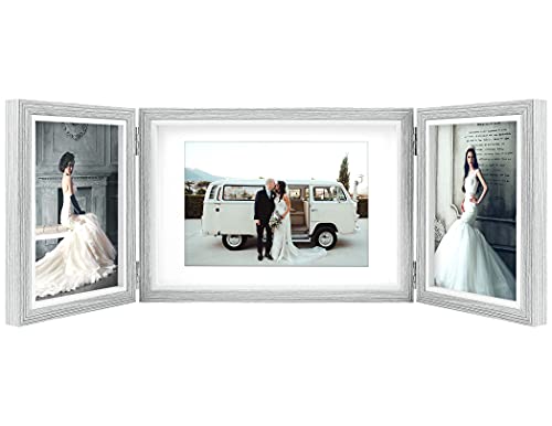 Three Picture Frame 4X6 And 5X7 Wooden Hinged Folding Photo Frame Definition Glass Stand Vertically On Desktop Or Tabletop，Grey #TOP2