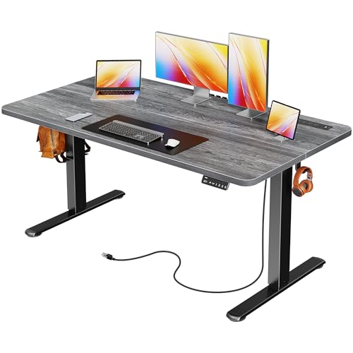Image of Huuger Electric Standing Desk with Power Outlets and USB-C Port, 55 X 24 Inch Height Adjustable Desk, Sit Stand Desk for Home Office, Computer & Gaming Desk with 4 Presets, Stable Steel Frame, Grey