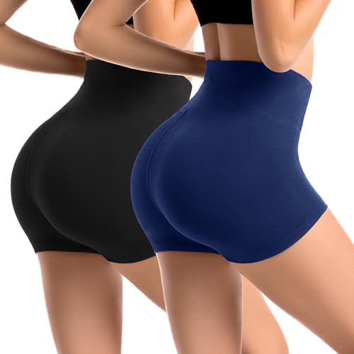 Leafigure 2 Pack Biker Shorts for Women 2.5" High Waisted Gym Shorts for Yoga Workout Black/NavyBlue XXL