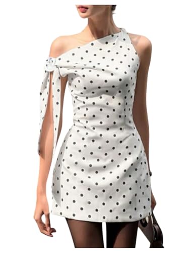 Floerns Women's Polka Dots Off The Shoulder Mini Dress Knot Side Retro Bodycon Dresses White Small