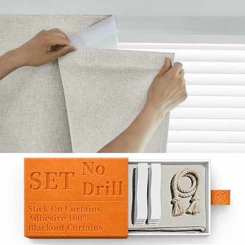 Image of 100% Blackout Self Adhesive Curtains- Stick on Curtains Shades Window Blinds Curtain No Rod Needed Easy to Hang Curtain, Use for Bedroom, Living Room, W46 x L60 inch, 1 Panel, Light Beige