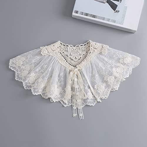 Women Embroidery Floral Lace Shawl Detachable False Collar Pleated Large Scarf Lace-Up Bowknot Elegant Capelet2