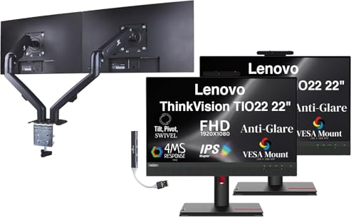 Image of Lenovo 22 inch FHD IPS Monitor with 4ms Response Time, Anti-Glare, VESA Mount (100 x 100mm), Displayport, HDMI, Black Color 2 Pack w /DKZ Hub & ErgoFlexy Dual Mount Arm