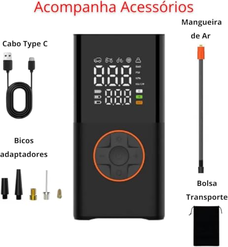 Bomba Ar Portátil Calibrador Encher Pneu Carro Bike Moto USB/C Mini Compressor