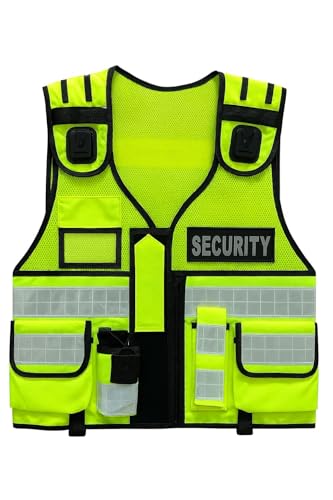 Gilet de sécurité tactique haute visibilité en maille de polyester avec bord en nylon, taille réglable, plusieurs poches, bande réfléchissante 3M, clips pour caméra, jaune, taille unique
