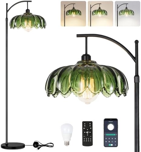 QIYIZM Gold Floor Lamp for Living Room,Bedroom,Standing Lamp with Remote Dimmable Brass Tall Lamp Vintage Retro Mid Century Modern Floor Lamps Arc Green Glass Flower Lamp Floor Light Boho Bohemian