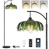 QIYIZM Gold Floor Lamp for Living Room,Bedroom,Standing Lamp with Remote Dimmable Brass Tall Lamp Vintage Retro Mid Century Modern Floor Lamps Arc Green Glass Flower Lamp Floor Light Boho Bohemian