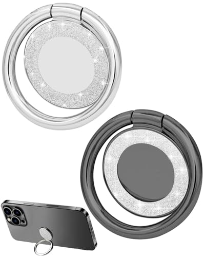 ZEXIJOW 2 soportes magnéticos para teléfono móvil,Anillo metálico brillante,Soporte redondo de aleación,Rotación de 360°,Plegable 180°,Ajustable,Compatible con iPhone y más(Negro y Plateado)