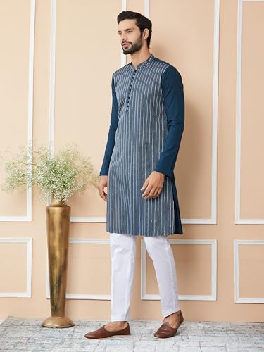 See Designs Men's Long Sleeve Mandarin Collar Side Slit Dark Blue Thread & Sequin Worked Pure Cotton Straight Kurta - Sdkt2533M