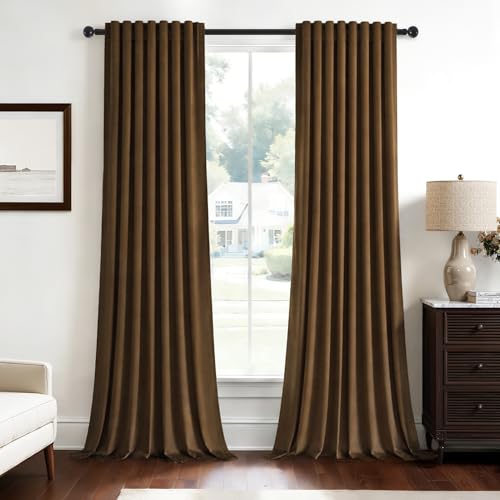 Topfinel Topfinel 90 inches Long Brown Velvet Blackout Curtains 2 Panels Copper Luxury Elegant Soft Velvet Rod Pocket Curtain Drapes with Hooks and Back Tab Room Darkening Window Treatments Home Deco