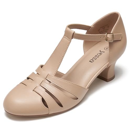 YESSA 1920s Shoes for Women,T-Strap Character Shoes,2" Dance Shoes for Ballroom Latin Salsa Folklorico Tango Swing Wedding Flapper Gatsby Shoe 6 Tan by YESSA - Used condition - US$47.49
