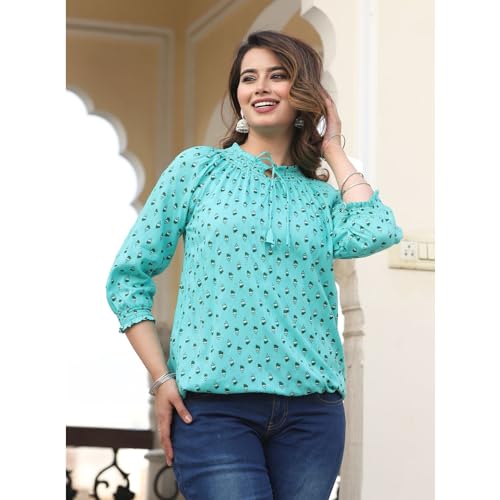 Image of Himanshi Enterprises Women's Traditional Casual 3 /4 Sleeves Mandarin Nack Rayon Floral Printed Short Kurti